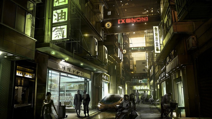 Cyberpunk street with Xenon sign and futuristic car