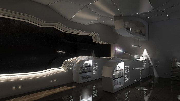 Interior of a futuristic space station with a view of space