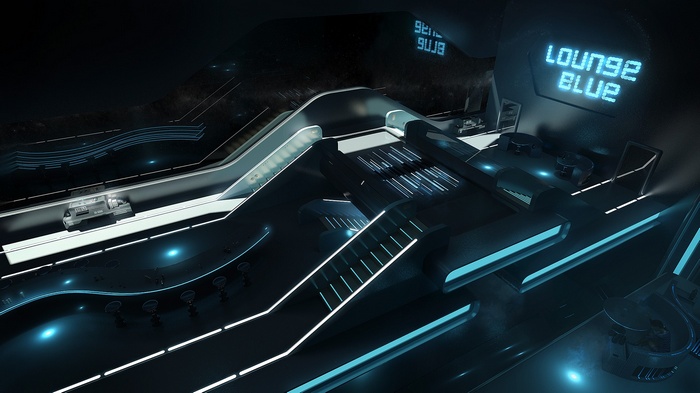 Futuristic space station with lounge and vehicle