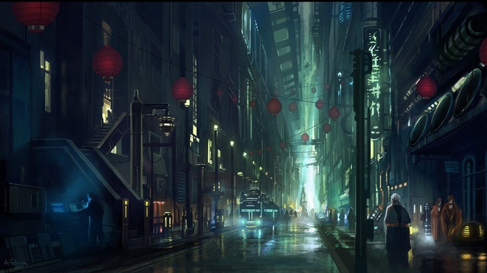 Cyberpunk cityscape with red lanterns and futuristic transport