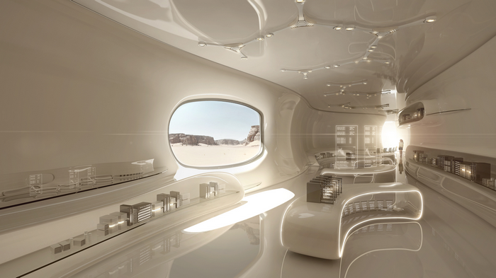 Futuristic interior with desert view