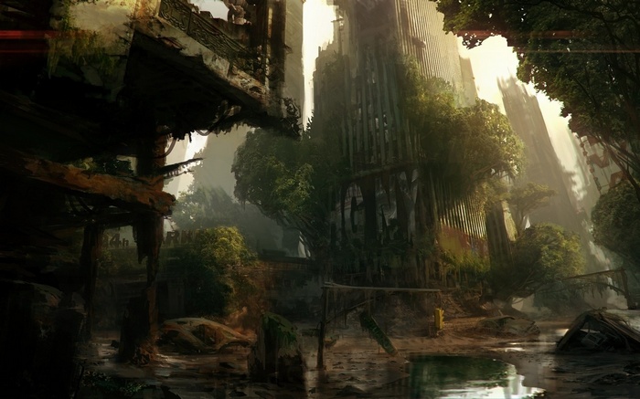 Post-apocalyptic New York City overgrown with vegetation