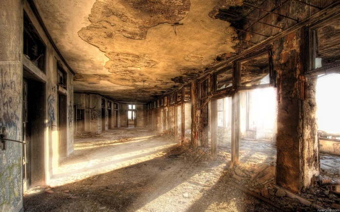 Abandoned hallway in a ruined city