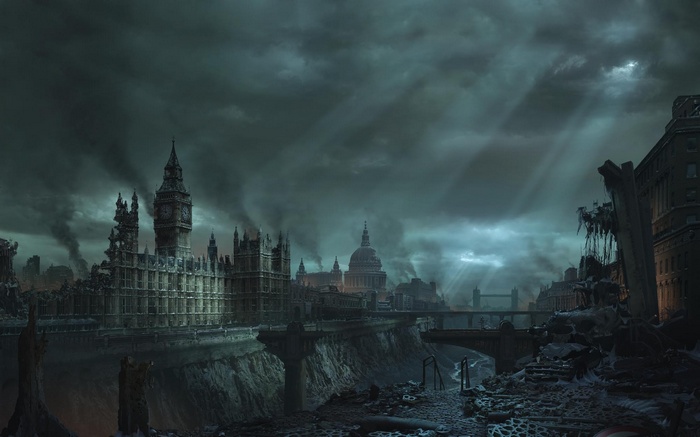 Apocalyptic London ruins with Big Ben and St Paul's Cathedral