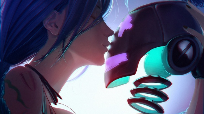 Jinx kissing a robot head