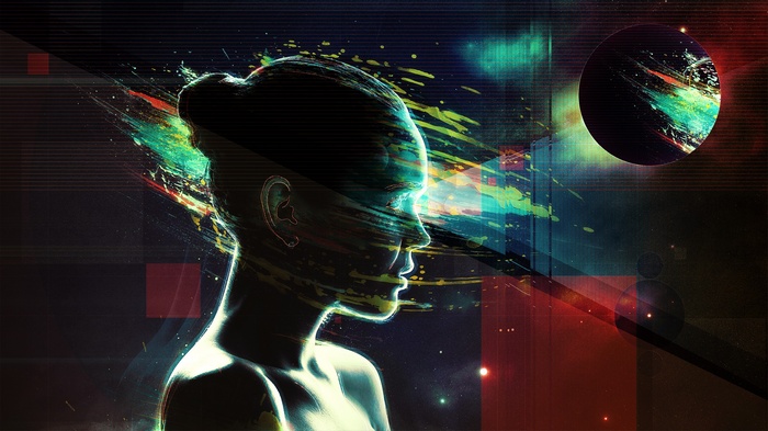 Abstract digital art of a woman's profile with paint splatters and a planet