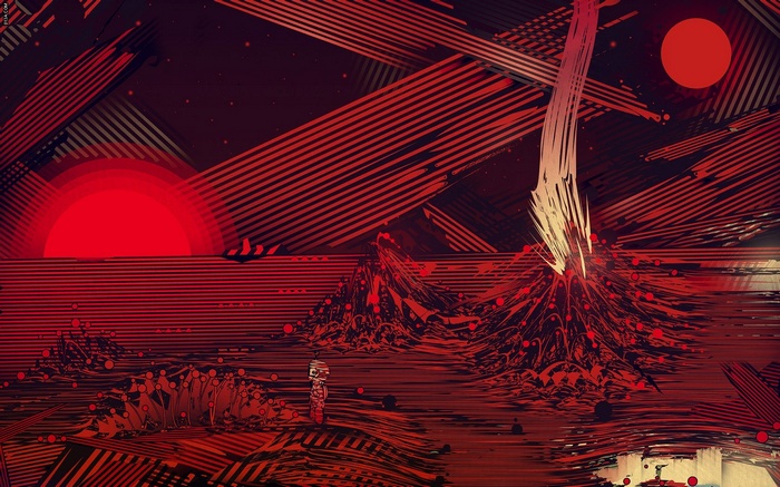 Matei Apostolescu's surreal digital art with lines and a volcano