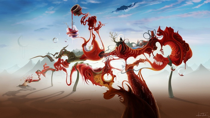 Surreal artwork by David Fuhrer with mountains and bubbles