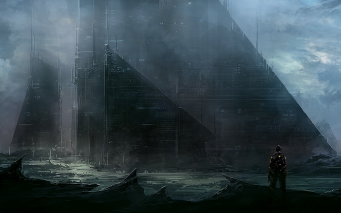Futuristic city with a lone figure in the foreground