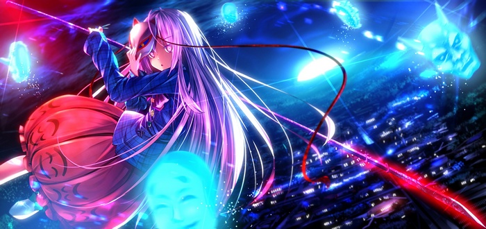 Hata no Kokoro with a mask and a sword