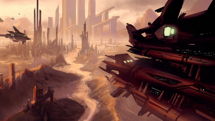 Futuristic city with spaceships in a desert landscape