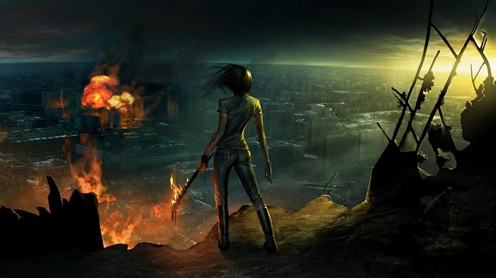 Apocalyptic warrior woman with a torch overlooking a burning city