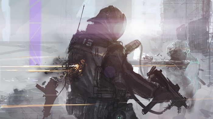 Soldiers in a futuristic battle