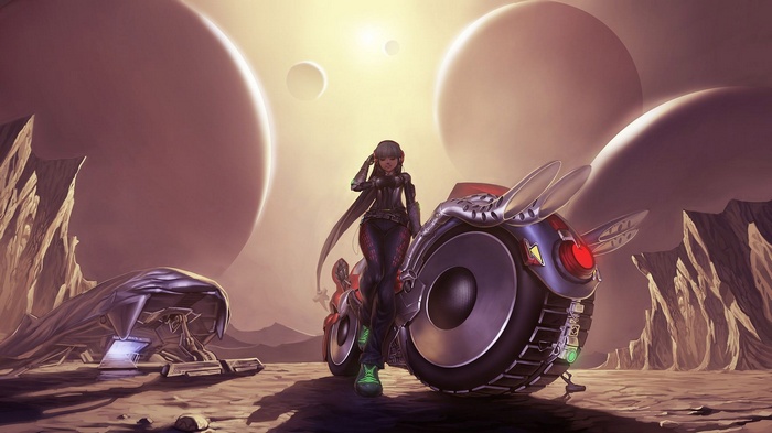 Futuristic woman with a motorcycle on an alien planet