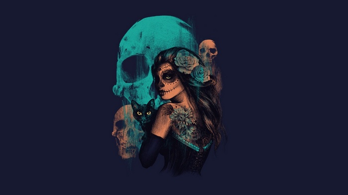 Sugar Skull Woman with Black Cat and Skulls