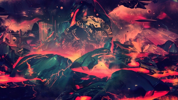 Abstract digital art with lava and a skull