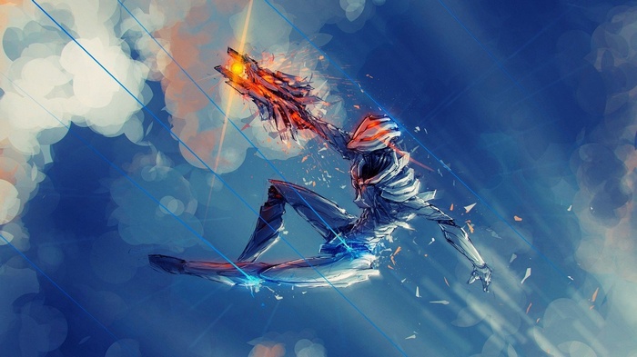 Robot warrior with fantasy weapon in the sky