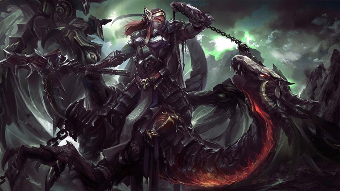 Warrior riding a dragon with chains