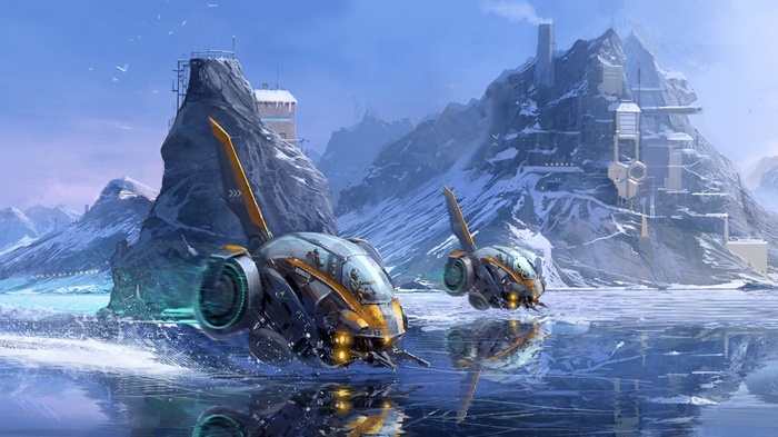 Science fiction artwork of futuristic spaceships on ice
