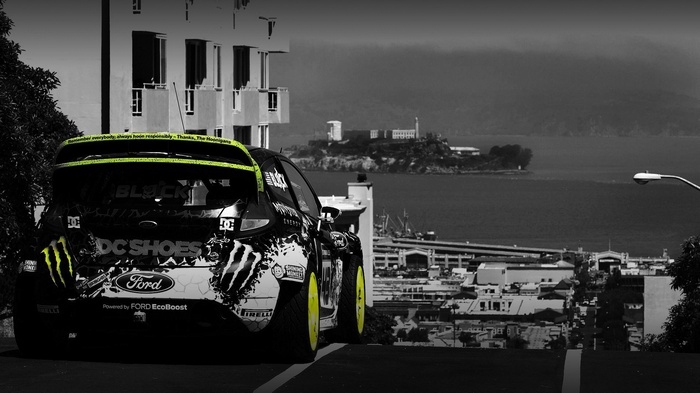 Ken Block's Ford Rally Car in San Francisco with Alcatraz