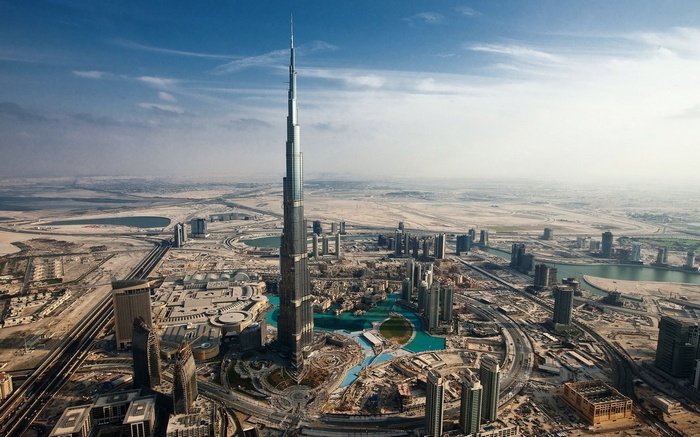 Burj Khalifa and Dubai cityscape in desert