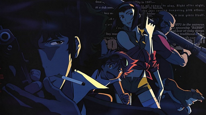 Cowboy Bebop characters Spike, Faye, Jet, and Ed