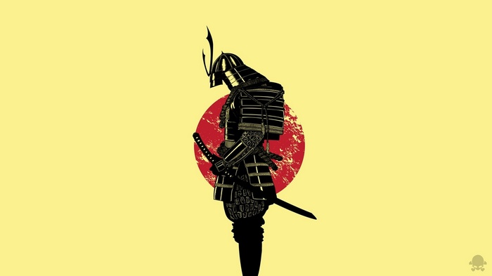 Samurai warrior in armor against a red sun