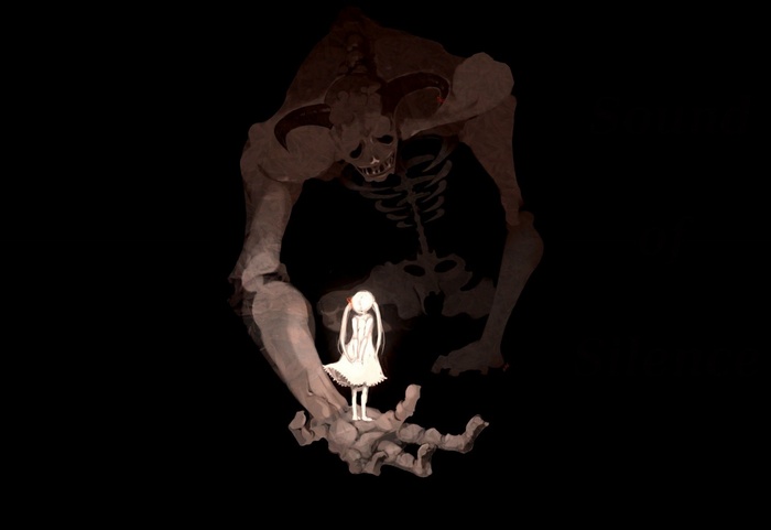 Girl standing on a skeletal hand with a demon behind her