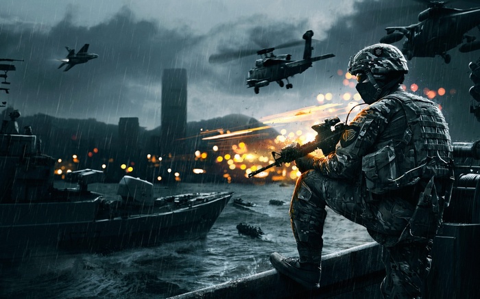 Battlefield 4 soldier on a boat with helicopters