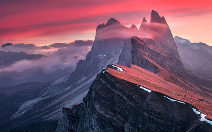 Seceda peaks in the Dolomites, Italy at sunset