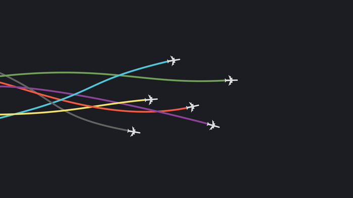 Minimalist airplanes flying on colorful trails