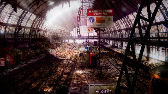 Apocalyptic train station in ruins with warning signs