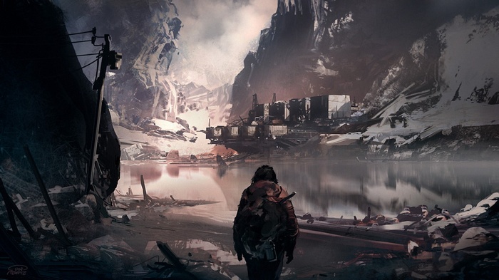 Apocalyptic landscape with a lone figure