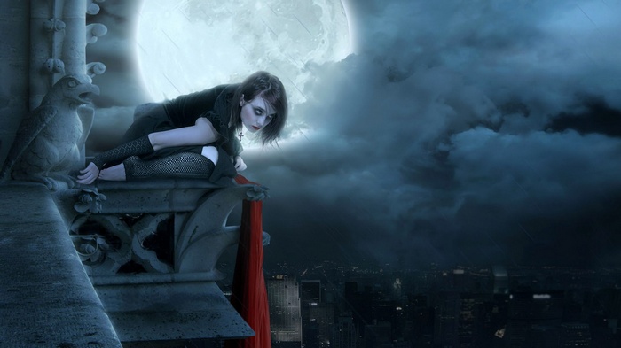 Clouds Fantasy Girl Cityscape Gothic Moon Artwork Women