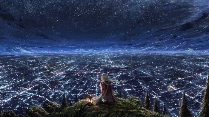 Fantasy girl overlooking a starry cityscape at night