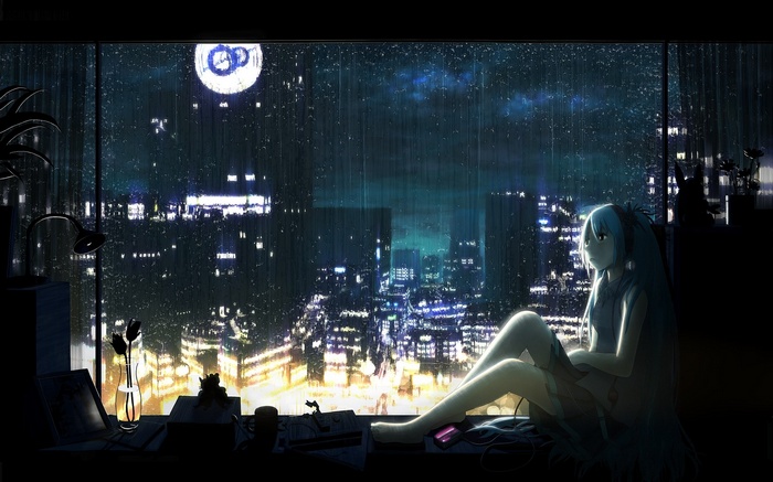 Hatsune Miku looking at a rainy cityscape from a window