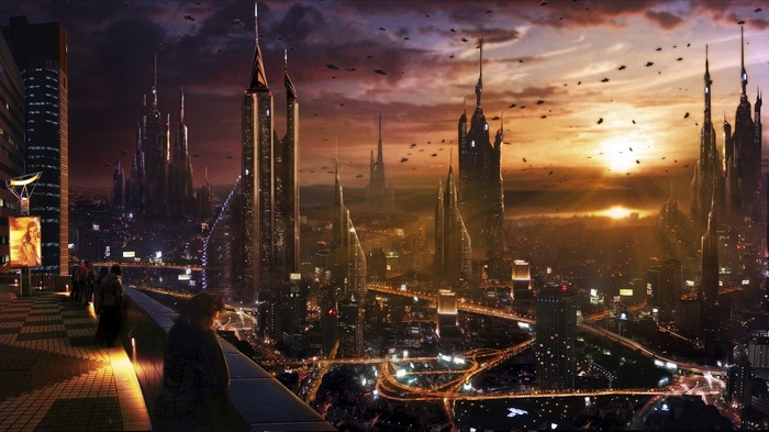 Futuristic cityscape with flying vehicles at sunset