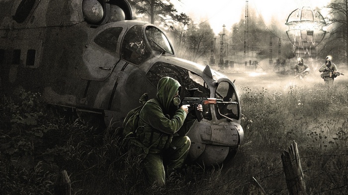 S.T.A.L.K.E.R. characters in a post-apocalyptic landscape