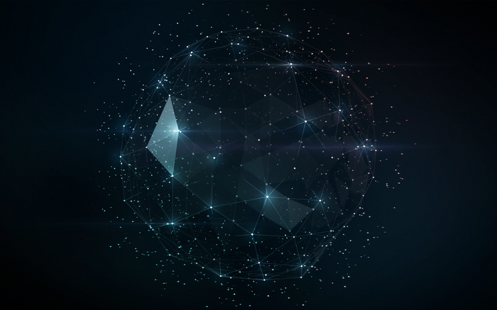 Abstract digital art of a glowing wireframe sphere with stars