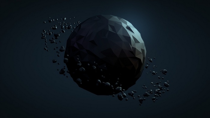 Low poly planet with orbiting asteroids