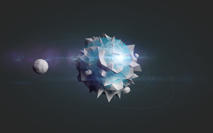 Low poly planet with orbiting moon in space