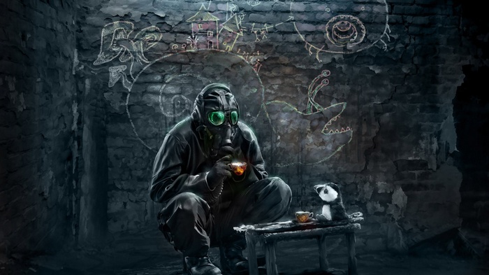 Romantically Apocalyptic: Person in gas mask with panda