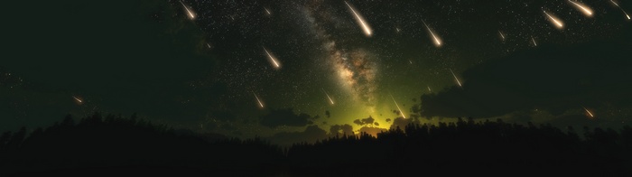 Meteor shower over a silhouetted forest and the Milky Way