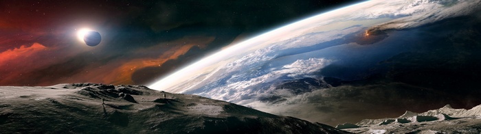 Astronauts on the Moon overlooking Earth and a distant planet
