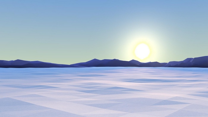 Low poly landscape with sun over mountains and water