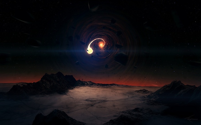 Black hole with accretion disk and debris over alien landscape