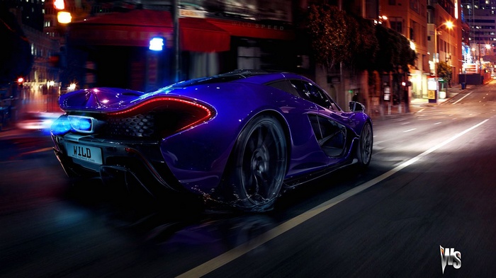 Purple McLaren P1 driving through a city at night