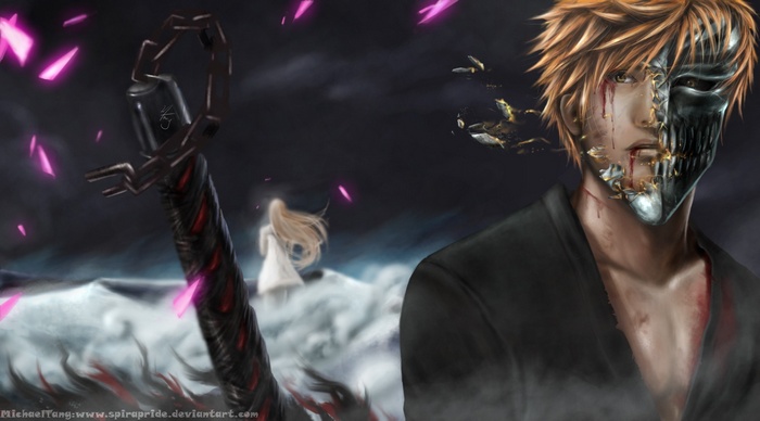 Kurosaki Ichigo in Hollowfication with Inoue Orihime in Bleach Fan Art