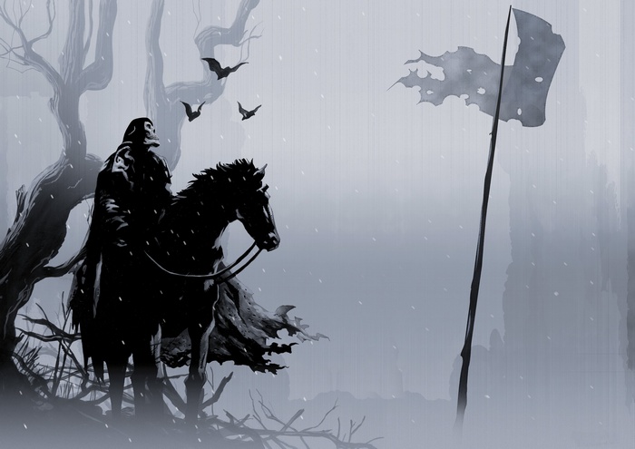 Death on a horse with a tattered flag