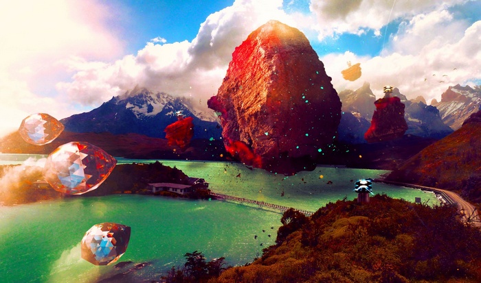Surreal landscape with floating crystals and mountains